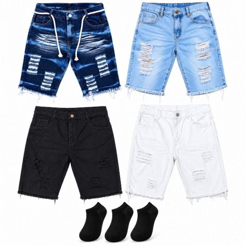 KIT 4 BERMUDAS JEANS MASCULINA + 3 MEIAS | TAMANHOS GRANDES 44 46 48 | BERMUDA JEANS RASGADA E DESFIADA
