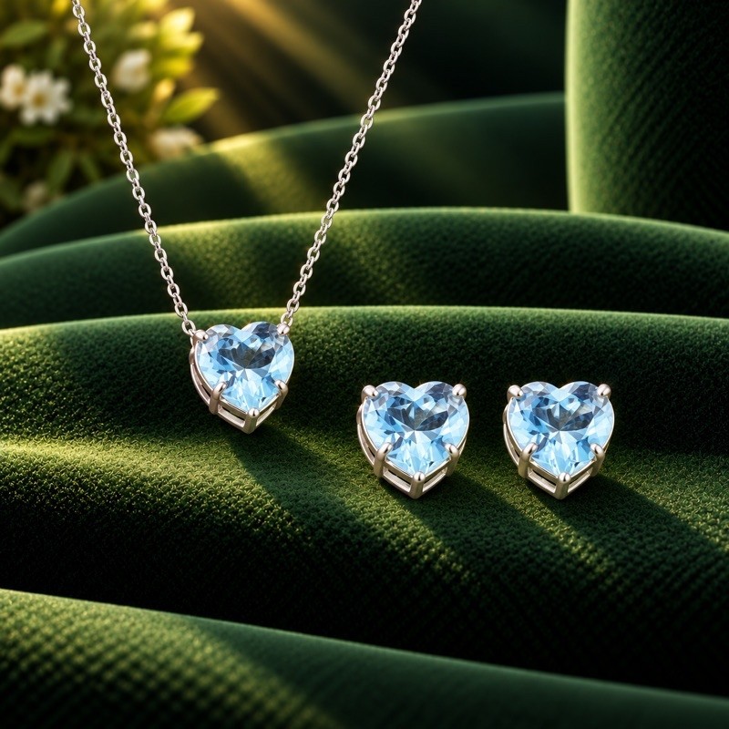 Conjunto Colar e Brinco Coração Zircônia Aqua marine em Prata 925