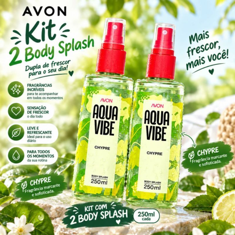 Kit 2 ou 1 Colônia Body Splash Aquavibe Chypre com Válvula Spray 250ml Avon