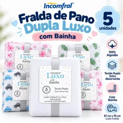 Kit 5 Fraldas de Pano Dupla Luxo Incomfral com Bainha Lisa ou Estampada Incomfral