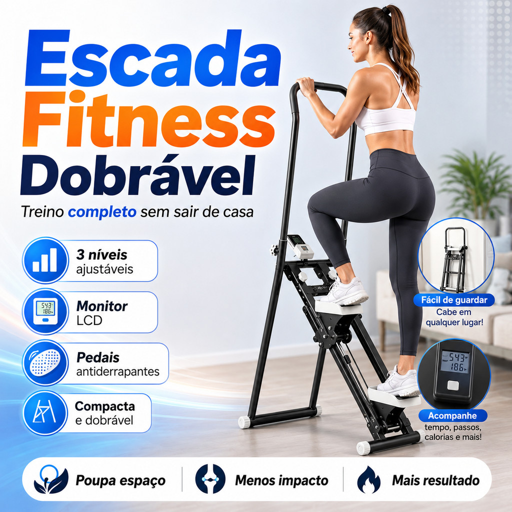 Máquina Dobrável Escada / Fitness e Simulador de Montanha 130kg, Equipamento de Treino com LCD