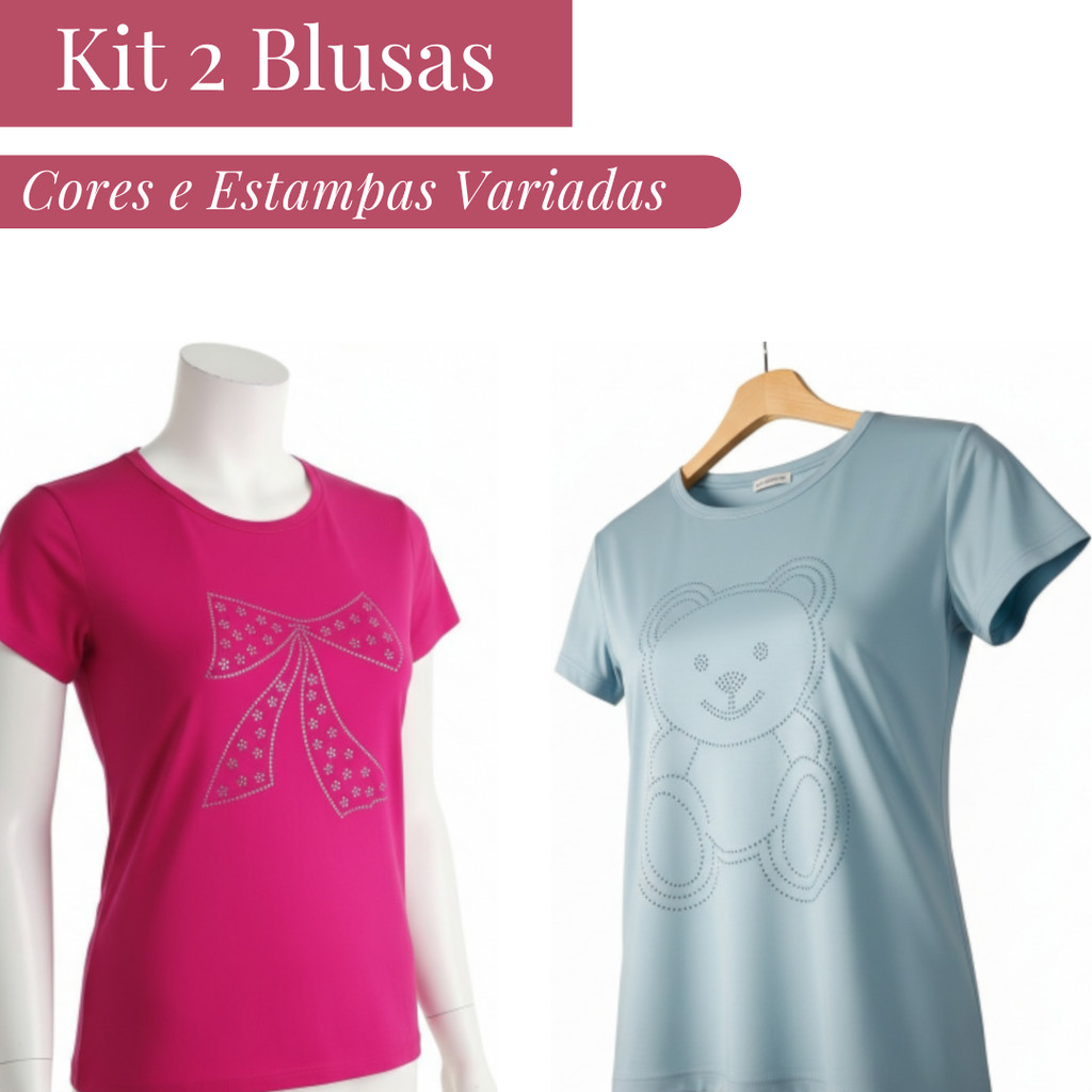 Kit de  Blusa Camiseta Feminina T-Shirt Luxo Com Estampa Strass Variadas Conforto Premium Viscolycra