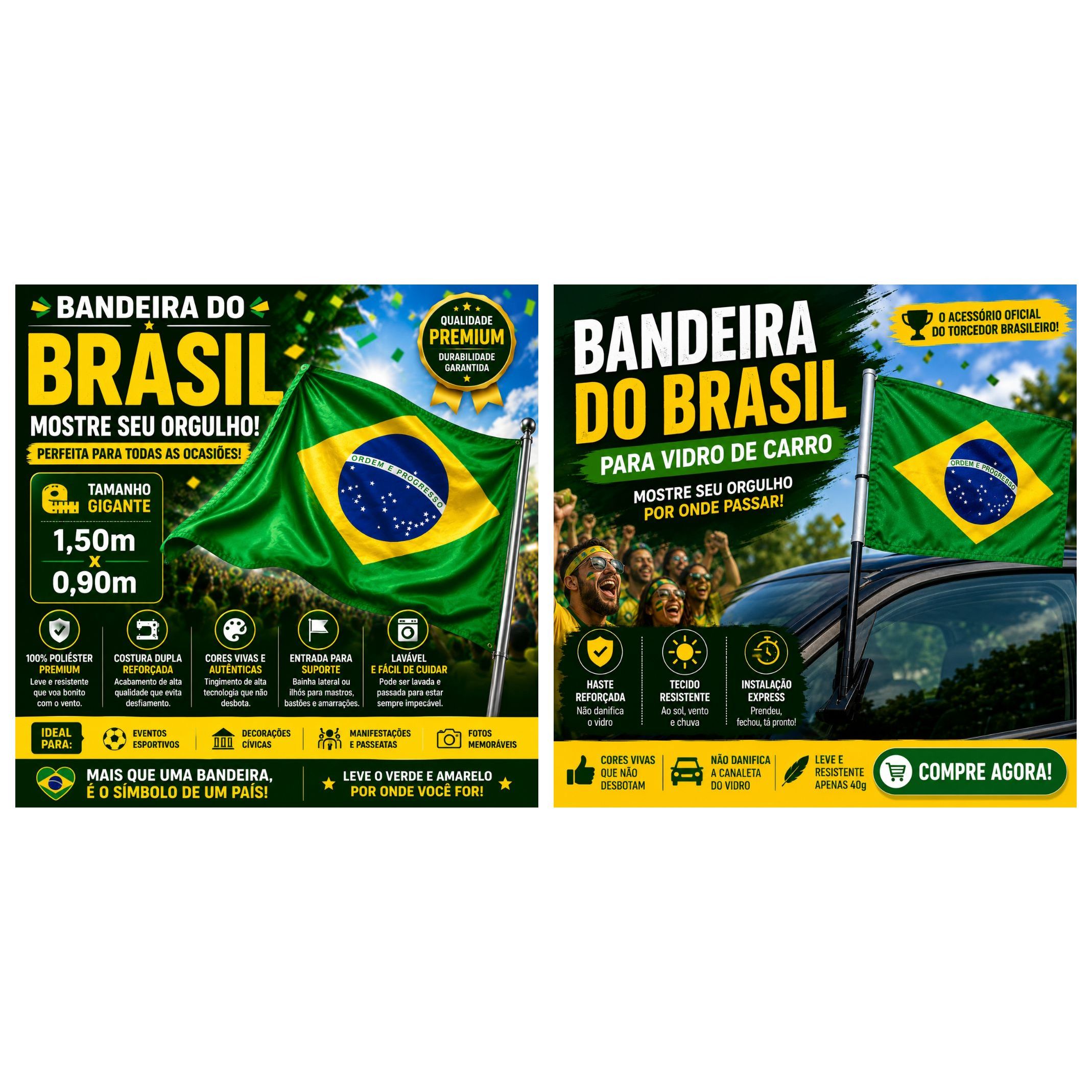 Kit Bandeira do Brasil Grande 1,50m x 0,90m + Bandeira Carro Vidro Copa Jogos Torcida Brasil