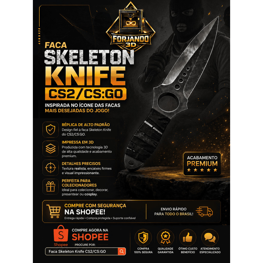 Faca Skeleton Knife CS2/CS:GO Colecionável Decorativo Cosplay Gamer - Sem Corte