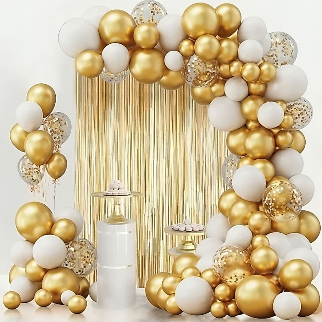 Kit Balões+Cortina+Fita Bexiga Branco Dourado Arco Franja Metalizada Bexiga Decoração De Festa
