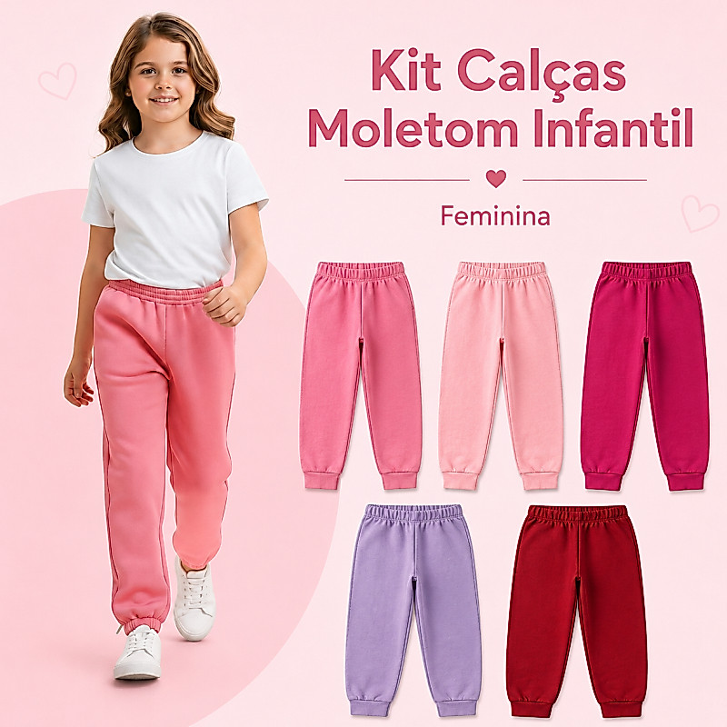 Kit Calças Moletom Infantil Feminina Menina Confortável Macia Casual Inverno