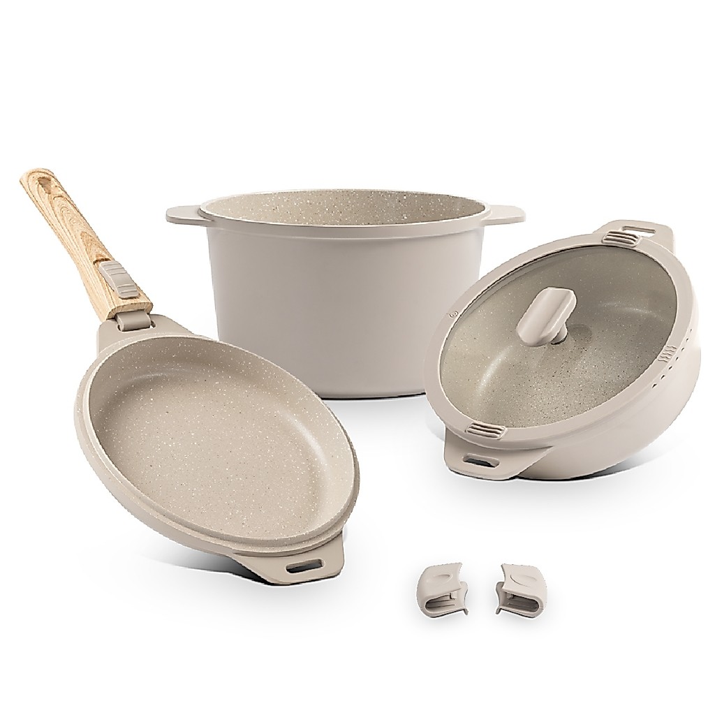 Jogo de Panelas Loft Empilhável Brinox 7 Peças Ceramic Life - Com Indução - Areia e Verde