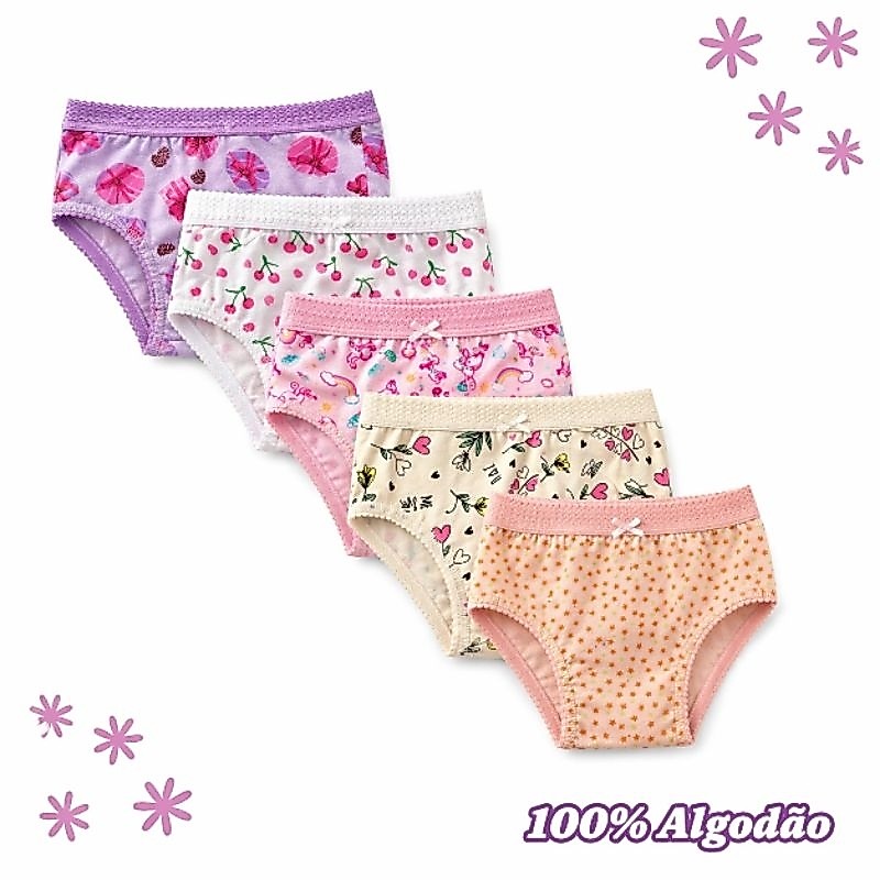 Kit 5 ou 10  Calcinha Infantil 100% Algodão 1 a 5 Anos P M G Estampas Sortidas