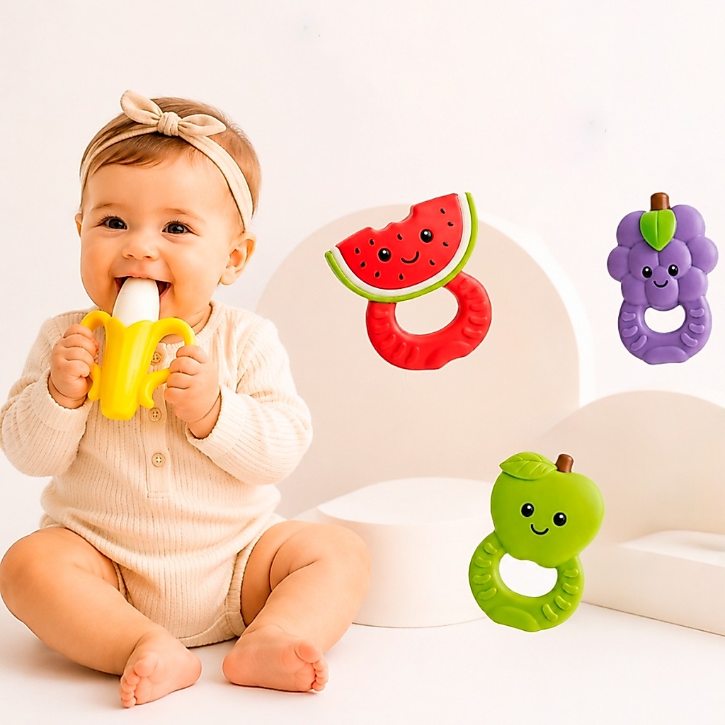 Mordedor Bebê 3 Unidades Macio Alívio Gengiva Brinquedo Frutas Estimulante