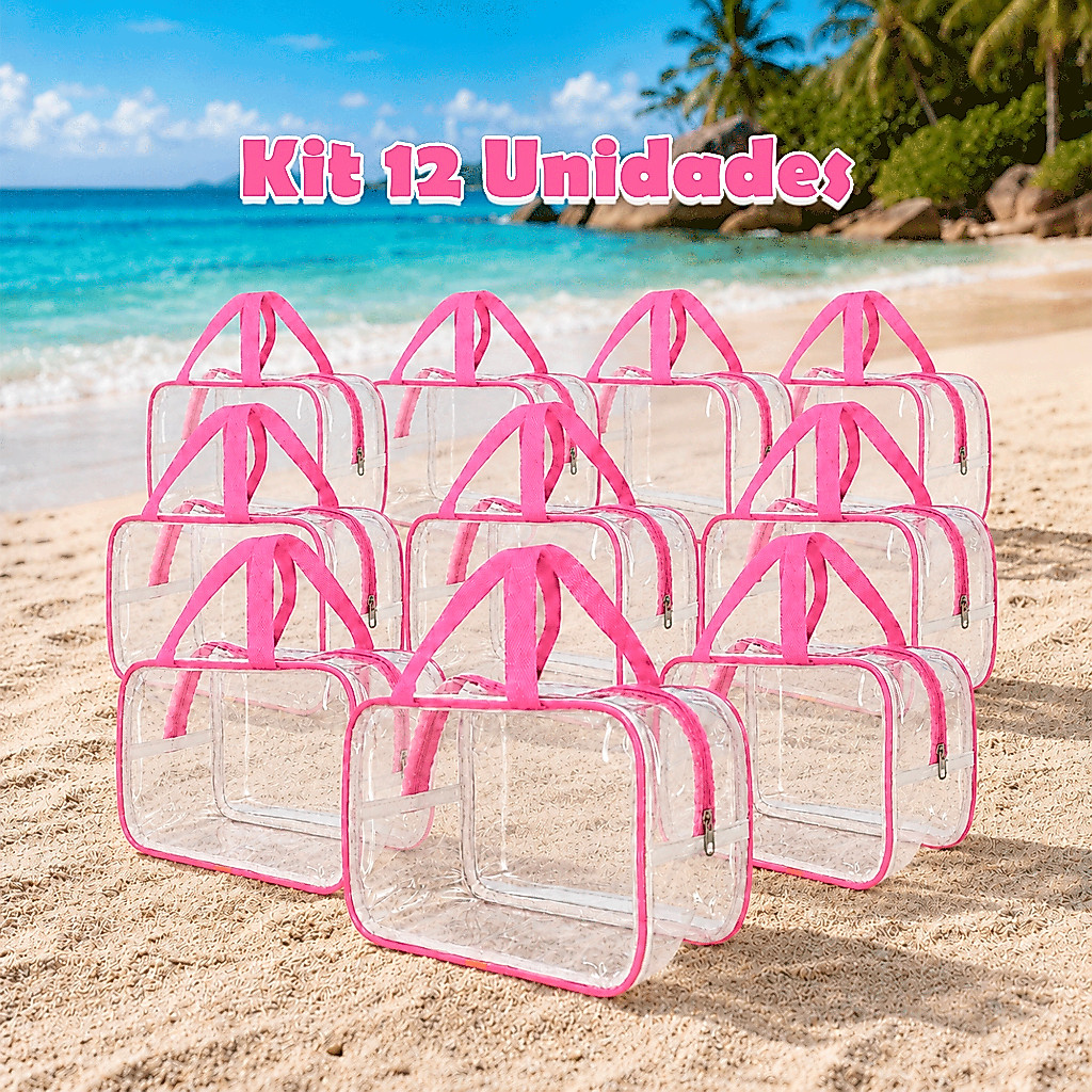 Kit 12 Unidade Necessaire com Alça Pink Transparente Organizadora Verão Resistente Feminina com Alça