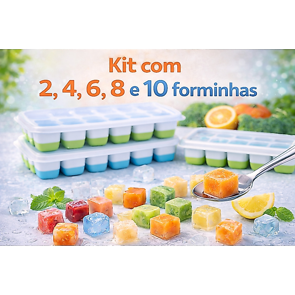 Forma de Gelo de Silicone para Papinha de Bebê com Tampa | 14 Cubos | Caldos Sucos e Gelo | Forminha de Gelo de silicone