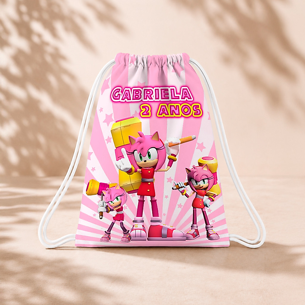 10 Mochila Personalizada Infantil 18x26 Sacolinhas Surpresa Festa Aniversário Lembrancinha Amy Rose Sonic M2