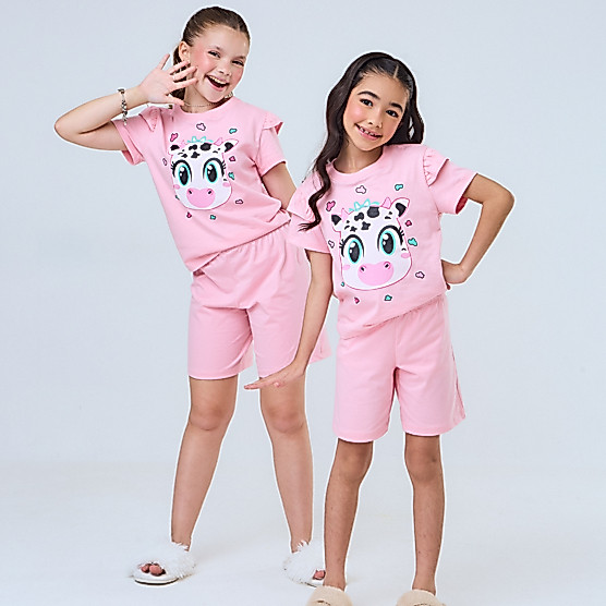 Pijama Infantil Menina Curto De Algodão Short E Blusa Estampado Personagens Confortável Verão