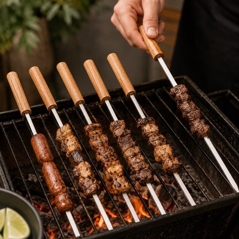 Imagem Kit 6 Mini Espetos Para Churrasco Inox Cabo De Madeira Revestido em Aço Inox Profissional 26 cm - Resistente