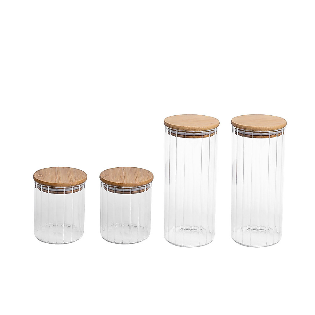 Kit 4 Potes Vidro Herméticos Para Mantimentos Canelado com Tampa de Bambu - Oikos