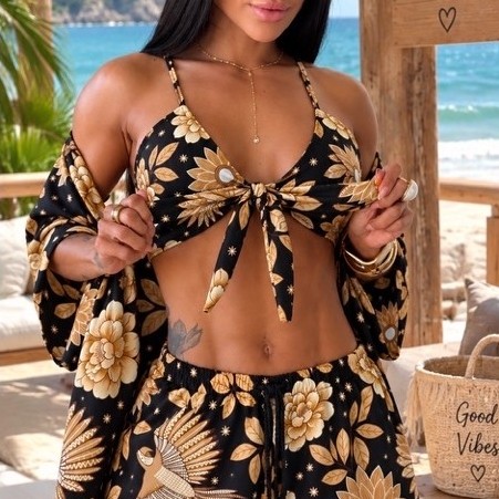 Conjunto Kimono Feminino 3 Peças Short Top com Bojo Viscolinho Casual Elegante Verão