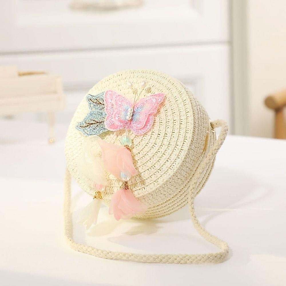 Bolsas De Ombro De Palha , Bolsa Crossbody Redonda Borboleta De Praia Leve E Tecida Para Crianças — imagem 2 de 2