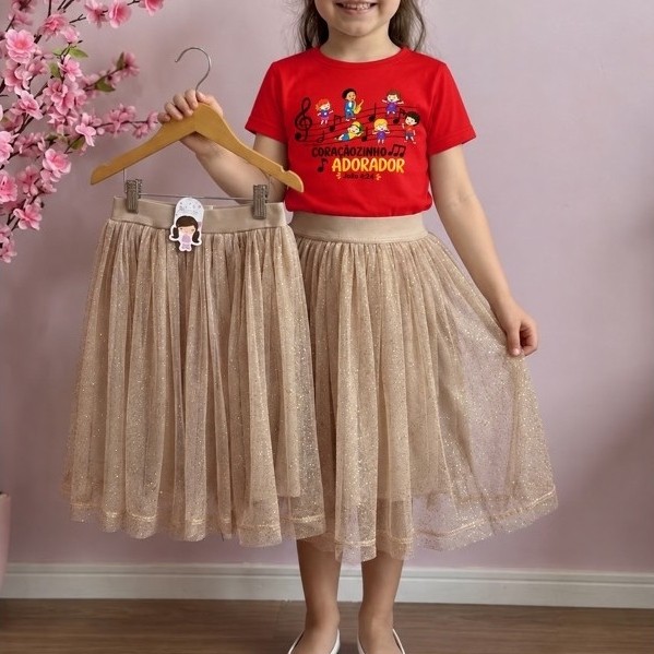 Saia Infantil Nude e Champanhe de Tule com Glitter – Moda Evangélica – 6 a 14 Anos
