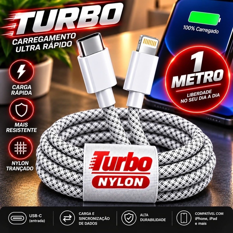 Cabo Carregador Turbo 1 Metros Compatível Com IPhone 14 13 12 11 X XR Carregamento Rápido, Nylon Trançado, Resistente