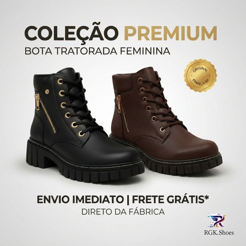 Bota Feminina Preta RGK Cano Curto Zíper Lateral Tratorada Blogueira Confortável Estilosa Inverno Macia Luxo Oferta Top