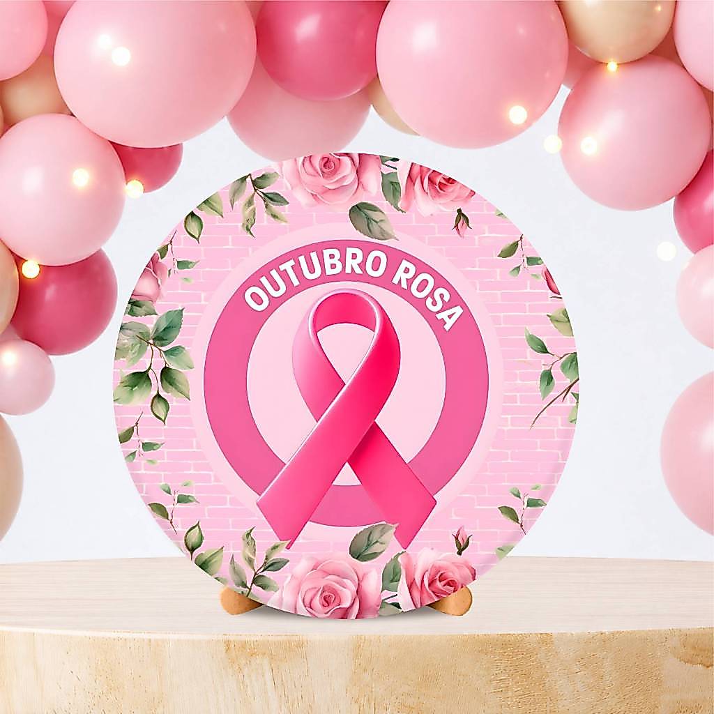 Painel Redondo Decoração Festa na Mesa Tema Campanha Outubro Rosa Tecido Sublimado Capa C/Elástico Veste Fácil 50X50cm — imagem 2 de 2