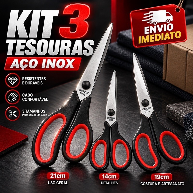 kit com 3 Tesouras  Aço Inox Costura Corte Profissional Multiuso Artesanal e Domestico 5” 7” 7,5”