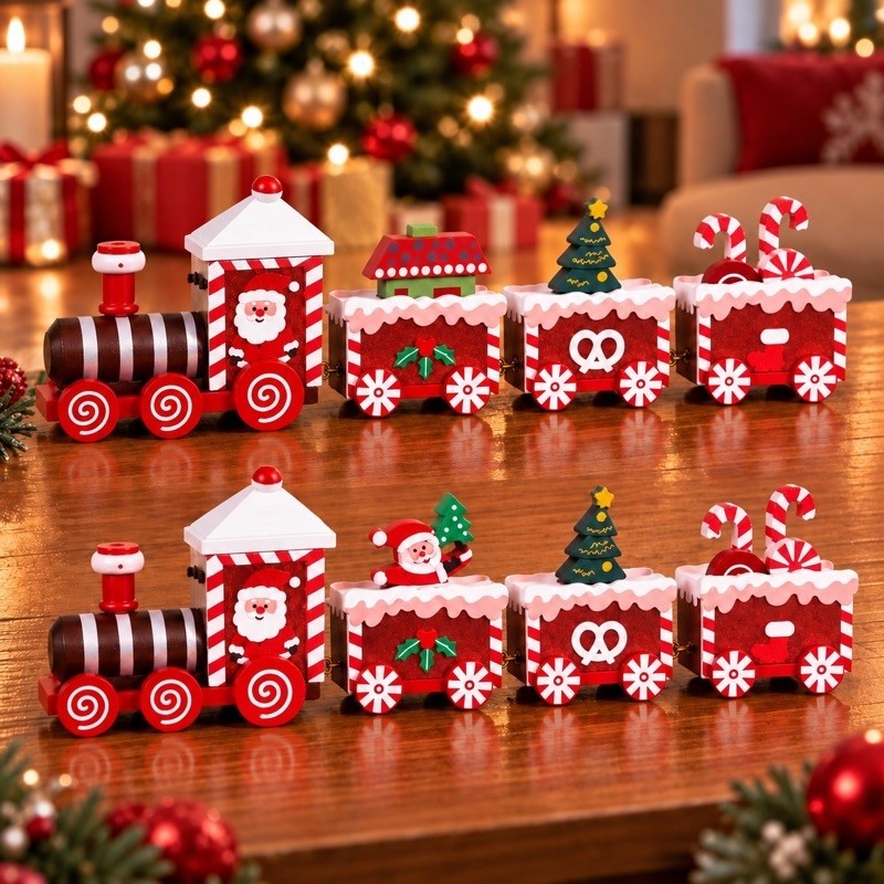 Trem de Natal Decorativo em Madeira com 3 Vagões Enfeite para Decoração Natalina