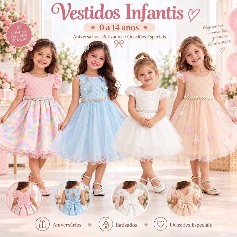 Vestido Infantil Festa Menina Luxo 00 ao 16 Anos Batizado Aniversário Casamento Formatura Princesa Tule Pérolas Laço