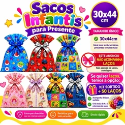 Kit 50 Sacos de Presente Infantil 30x44cm Estampas Menino Menina Carrinhos Princesas Bichinhos Festa Aniversário