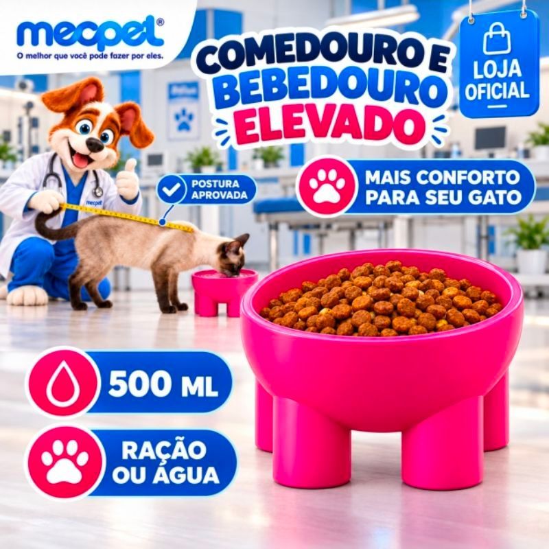 Bebedouro Comedouro Elevado Para Gato Tigela Pet 4 Pés Pote para Ração e Água 500ml Plástico Resistente