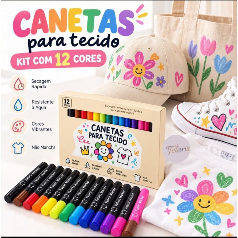 Canetas Para Tecido Kit 12 Cores Marcador Permanente Colorido Para Roupas Bonés Bolsas Tênis Jeans Artesanato