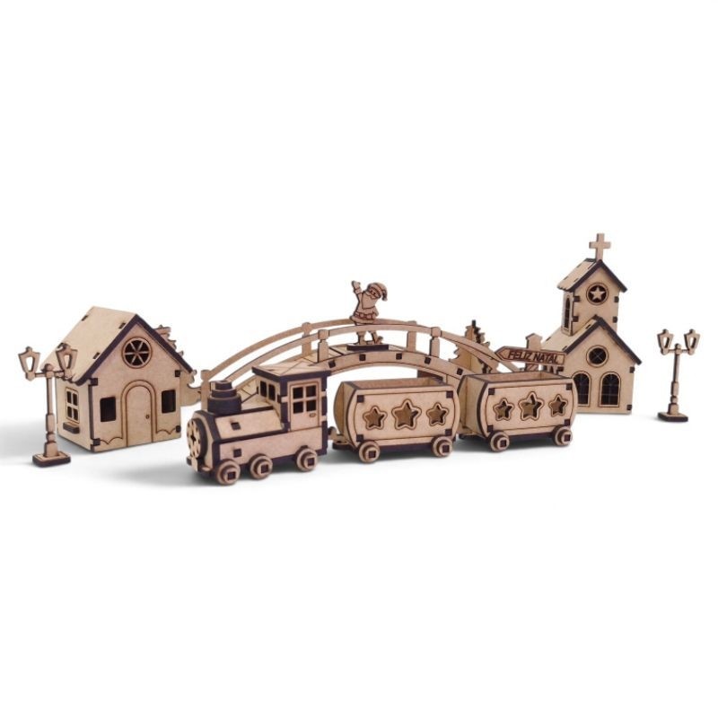 Vila Natalina em MDF com Trem | Casinha | Papai Noel | Decoração de Natal | Mini Cidade Natalina | Enfeite Natalino