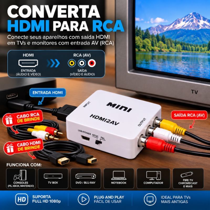 Kit Mini Conversor HDMI Para AV RCA 1080P Full HD Vídeo Composto Adaptador Para TV Antiga TV Box DVD + cabo RCA e HDMI