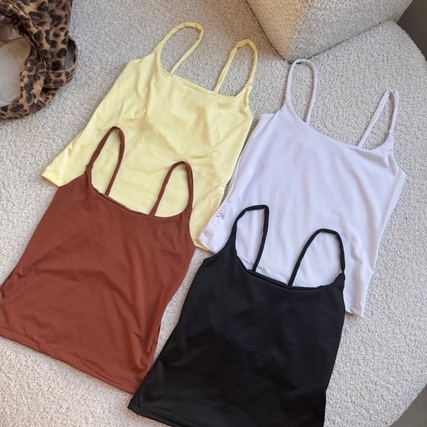Blusa Alcinha Regata Dupla Suplex Toque Macio Alça Fina Casual Verão Blogueira Básica Tendência Gringa Feminina Forro
