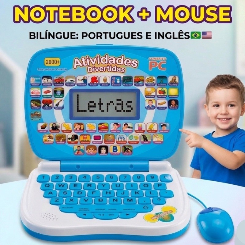 Notebook Laptop + Mouse Infantil Educativo Bilíngue Música Aprender Brincando Brinquedo Educacional