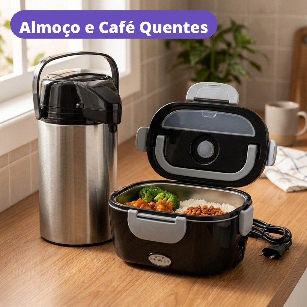 Kit Marmiteira Elétrica Bivolt Esquenta Marmita e Garrafa Térmica Inox 1,9L Café Almoço Trabalho