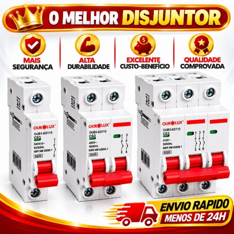 Disjuntor Din Ourolux Curva C 16A a 63A Unipolar Bipolar Tripolar