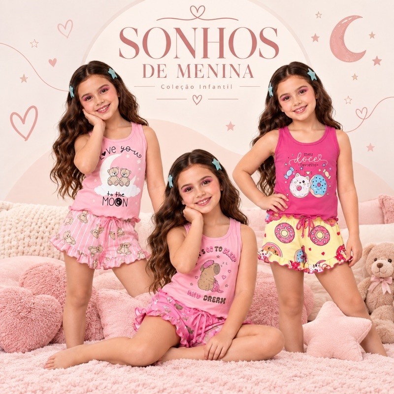 Pijama Regata Infantil Feminino Verão Suede Premium | Short Estampado de Babadinho Sortido