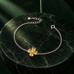 Pulseira Feminina Flor 4 Pétalas Amarela em Prata 925