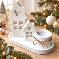 Decoração para Casa com Bandeja Casinhas e Porta Vela | Presente Criativo