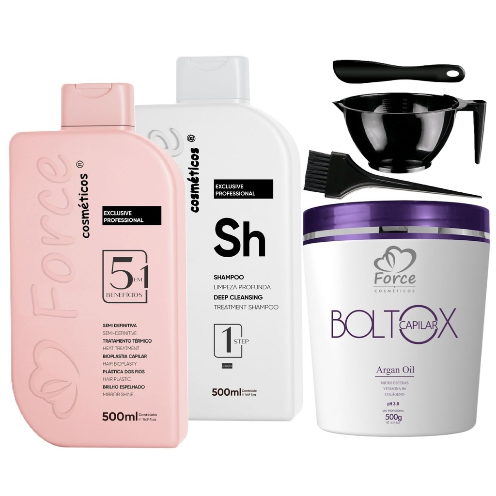 Force Kit Semi Definitiva 500ml + Shampoo Limpeza Profunda + Botox Capilar 500g