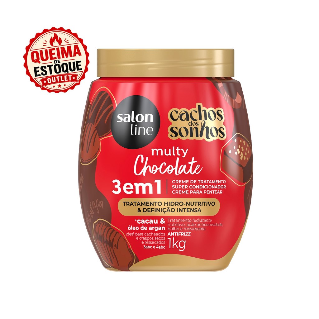 Embalagem vermelha de 1kg do creme de tratamento 3 em 1 Salon Line Cachos dos Sonhos Multy Chocolate com tampa dourada e selo de queima de estoque