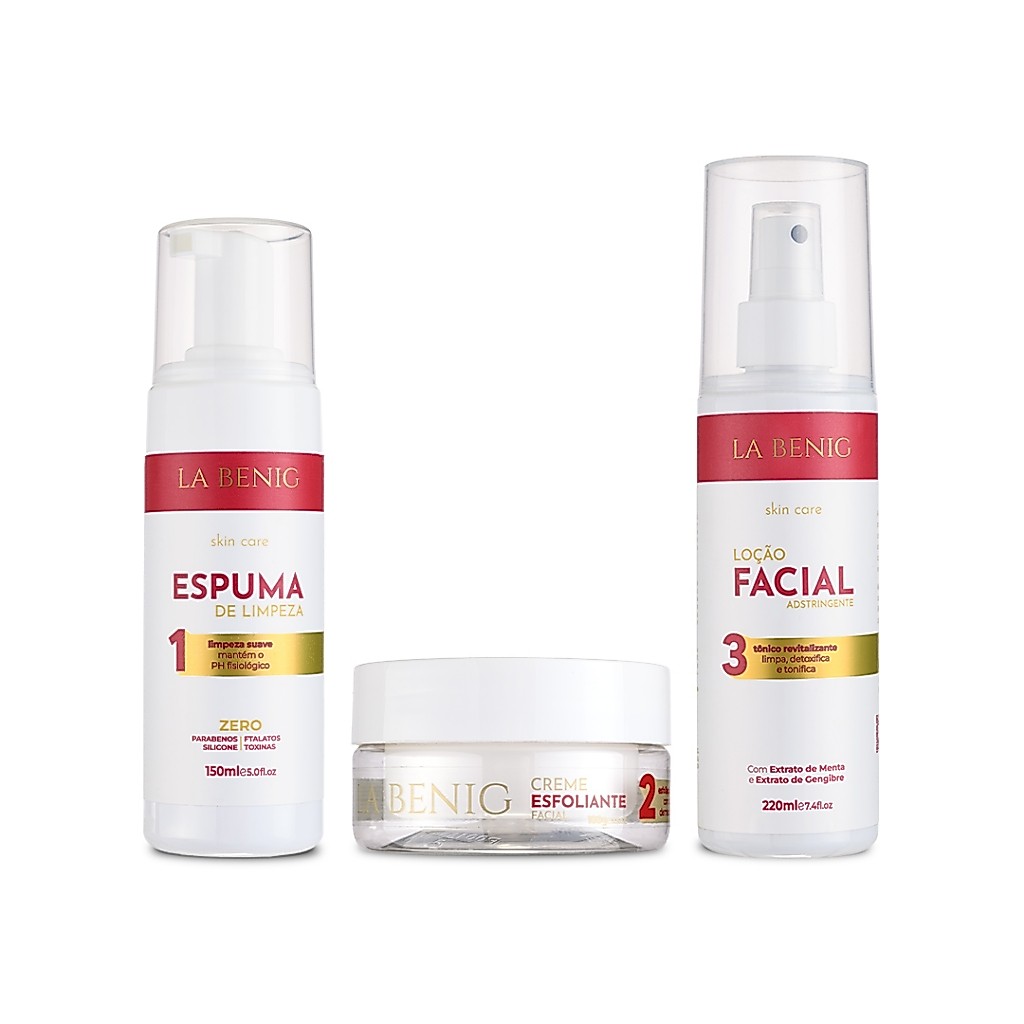 Kit Skin Care | Preparo Pele e Sobrancelhas La Benig | Espuma de Limpeza, Esfoliante e Adstringente