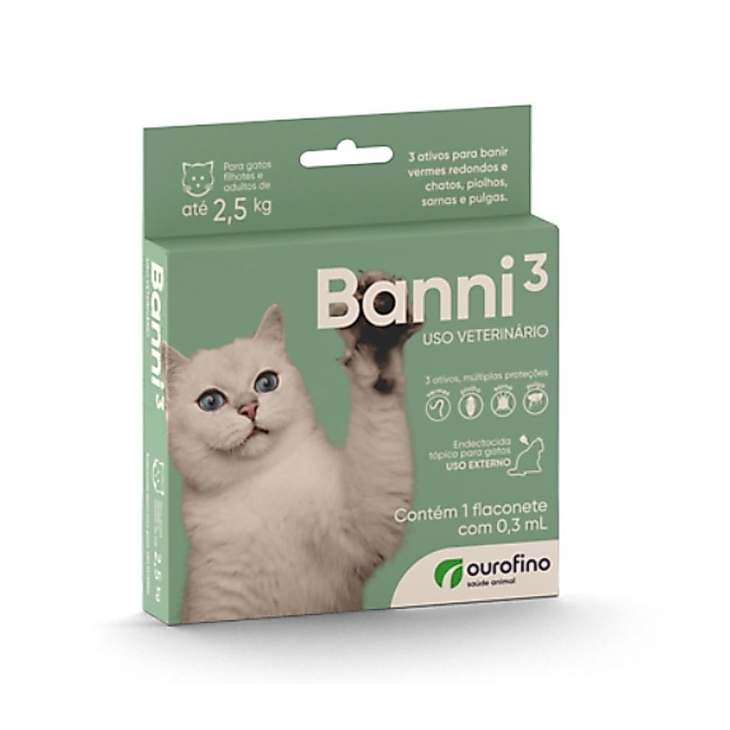 Antipulgas Gatos Banni 3 Vermes Pulgas e Sarnas até 2,5kg