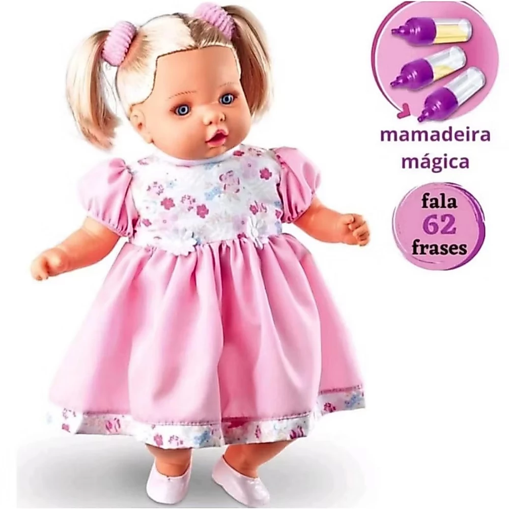 Boneca Angelina Loira Fala 62 Frases + Mamadeira Mágica Brinquedo Menina - Envio Imediato