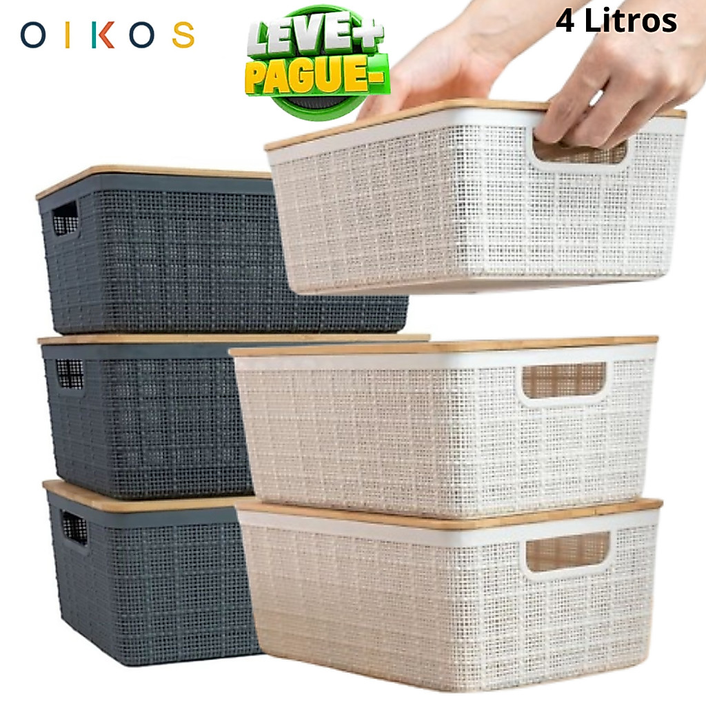 Caixa Organizadora com Tampa de Bambu 4l Oikos Kits Com 2,3,4,5  Empilhável Multiuso Cestas Caixa