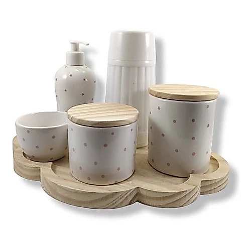 Kit Higiene Bebê Porcelana Nuvem Garrafa Termica 6 Peças Organizador Decoração Quarto Menino Menina
