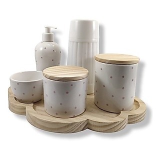 Kit Higiene Bebê Porcelana Nuvem Garrafa Termica 6 Peças Organizador Decoração Quarto Menino Menina