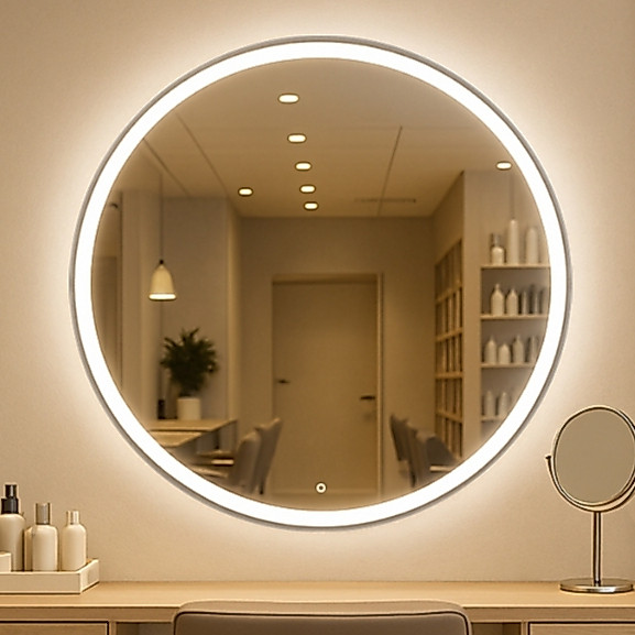 Espelho Redondo Jateado 60x60cm Lapidado 3 Cores LED Botão Touch Decoração Banhe