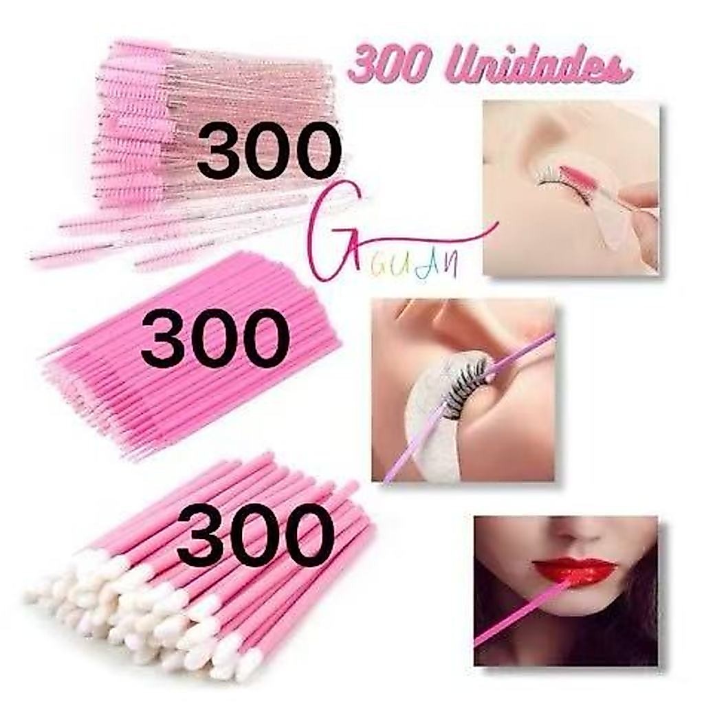 ANA1108 Kit 300 Escovinhas + 300 Microbrush + 300 Aplicador Cotonete - Alongamento Cílios